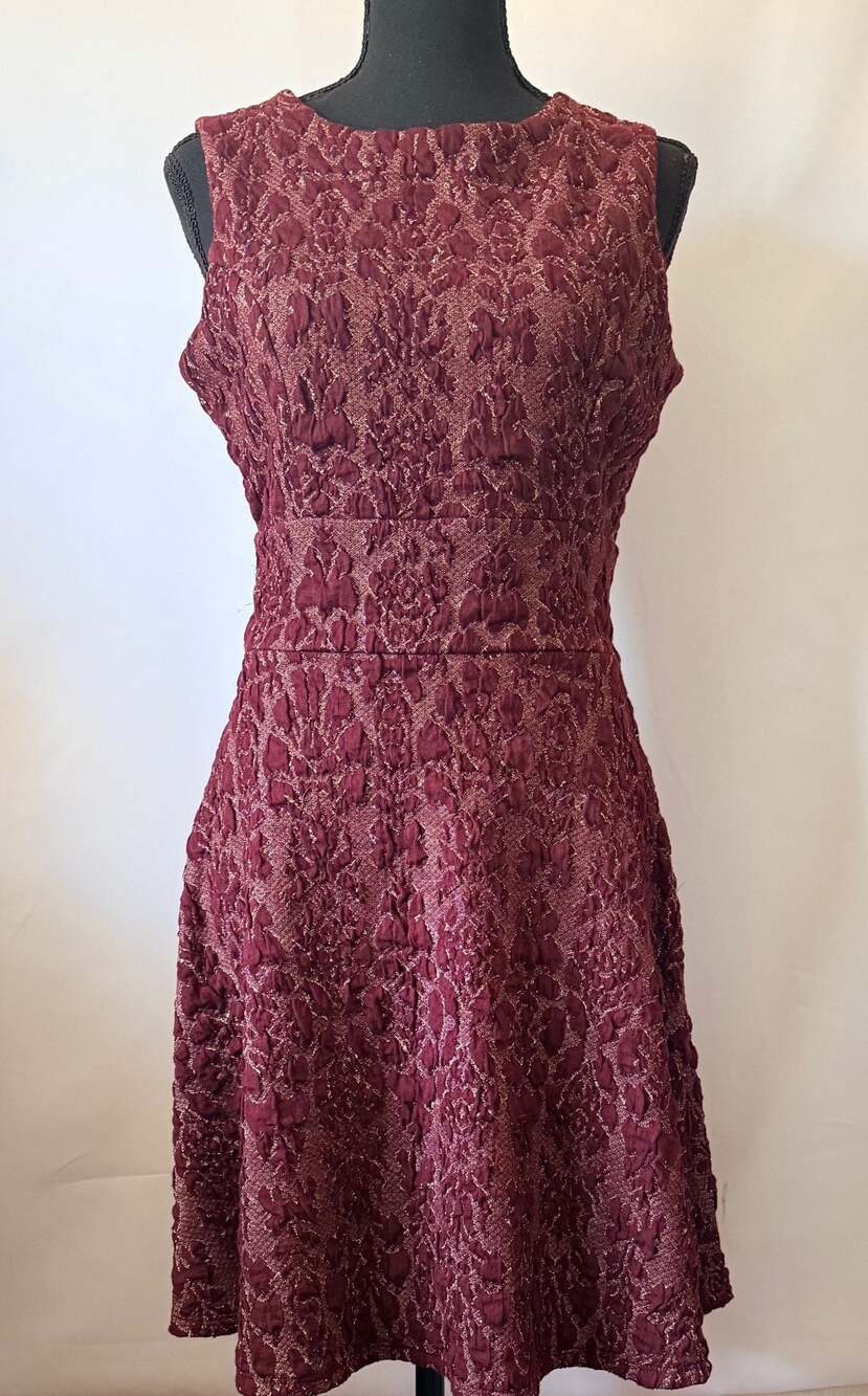 Fifth & Park Burgundy and Gold Metallic Jacquard Fit & Flare Dress Dark Floral